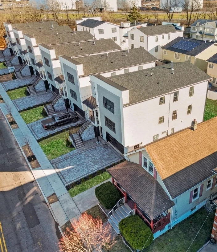 Aerial view of completed South Park Avenue two-family homes in Linden